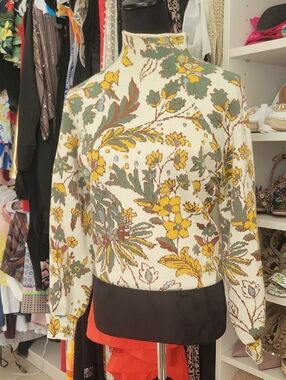 Anthropologie Cream Floral Mock-Neck Sweater with Yellow & Green Motif